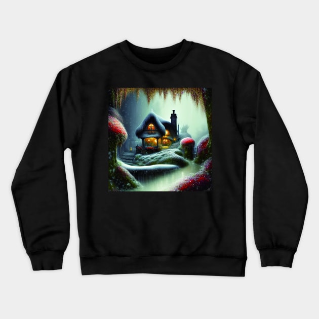 Sparkling Fantasy Cottage with Lights and Glitter Background in Snowy Scene, Scenery Nature Crewneck Sweatshirt by Promen Art